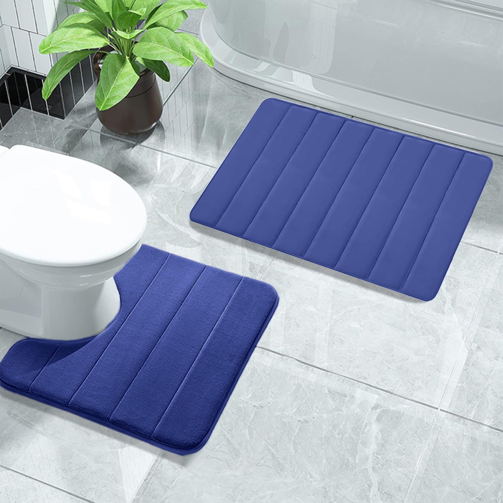 Memory Foam Bath Mat Set, 2pcs Pedestal Toilet Bathroom Rug Set, 40x60cm and 40x50cm U-Shaped Bathroom Rugs, Non Slip, Thick, Soft, Washable, Absorbent, Dry Fast (Blue)