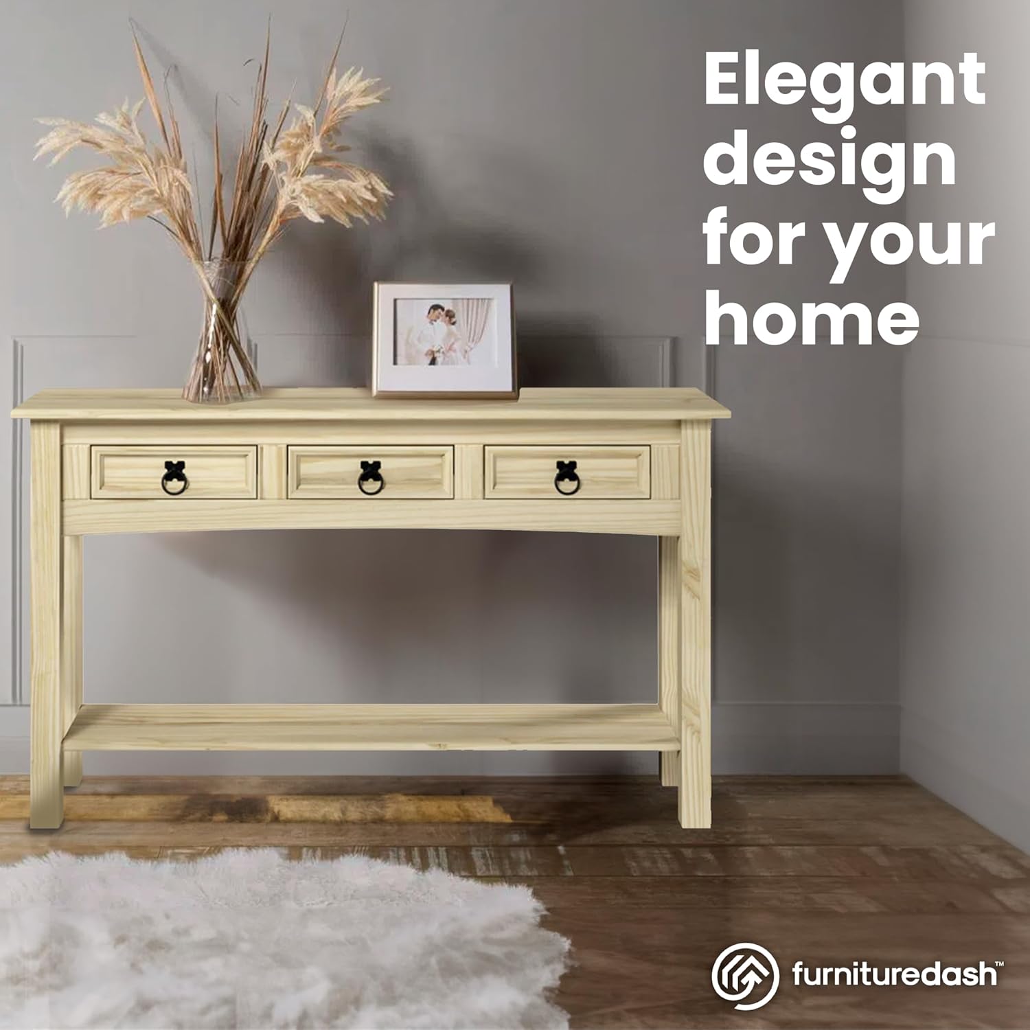 Furniture Dash Solid Wood Hall Table Console 47.9" W, 12.6" D, 28.8" H - Farmhouse Entryway Table with 3 Drawers, Office Hallway Foyer, Wooden Storage, Cupboard Console Table