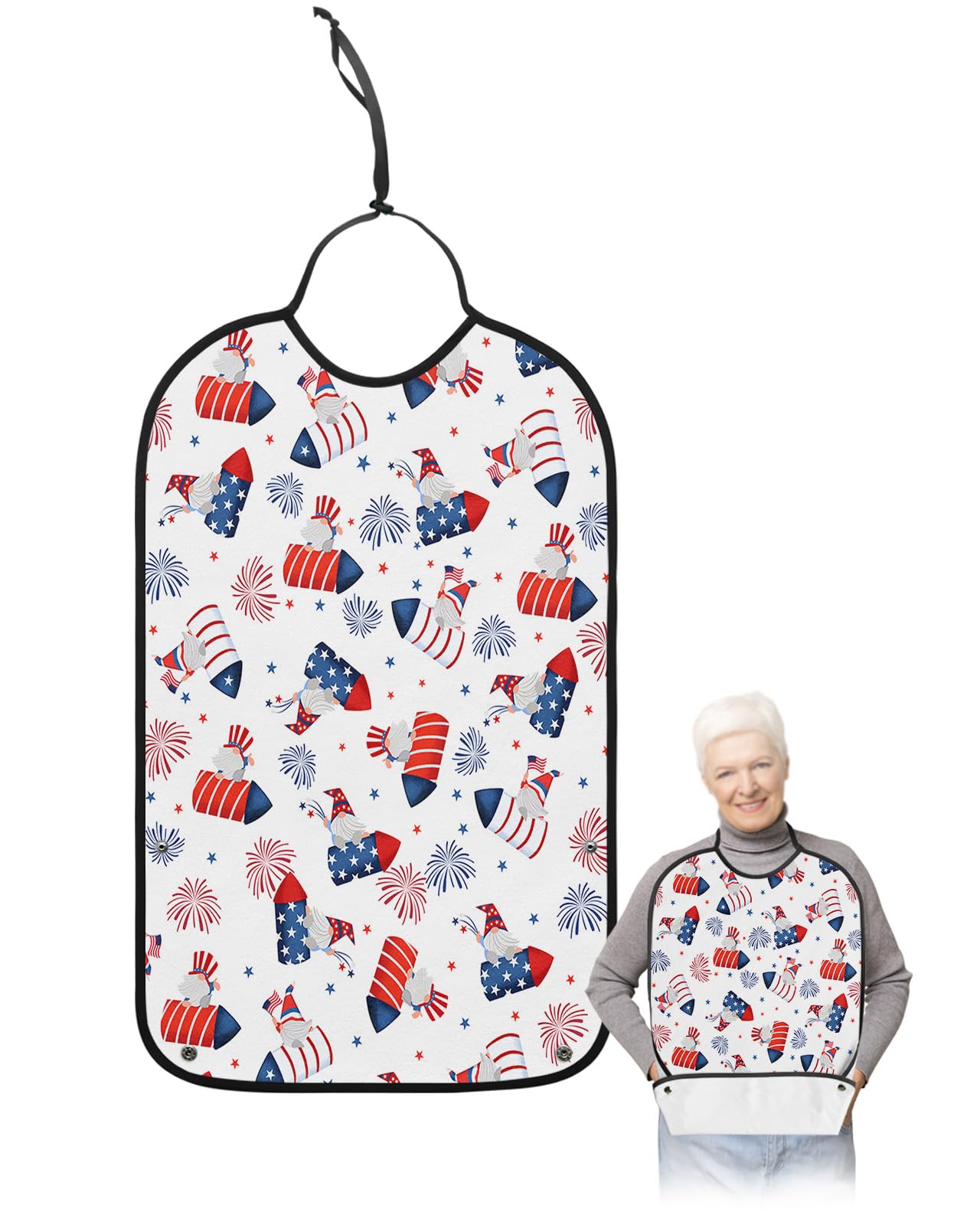 Kewadony Adult Bibs for Elderly Women - 4th of July Waterproof Dining Clothing Protectors with Crumb Catcher for Eating/Feeding, Patriotic Gnomes Fireworks Filling Independence Day Terry Cloth Bib
