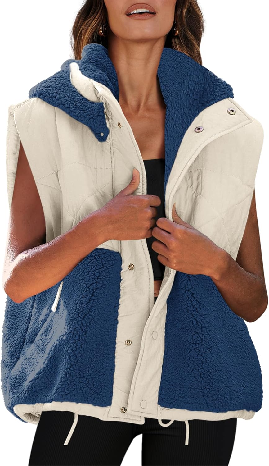 Nirovien Womens Sherpa Vest Oversized Fleece Vest Color Block Quilted Vest Button Down Padded Outwear with Pockets