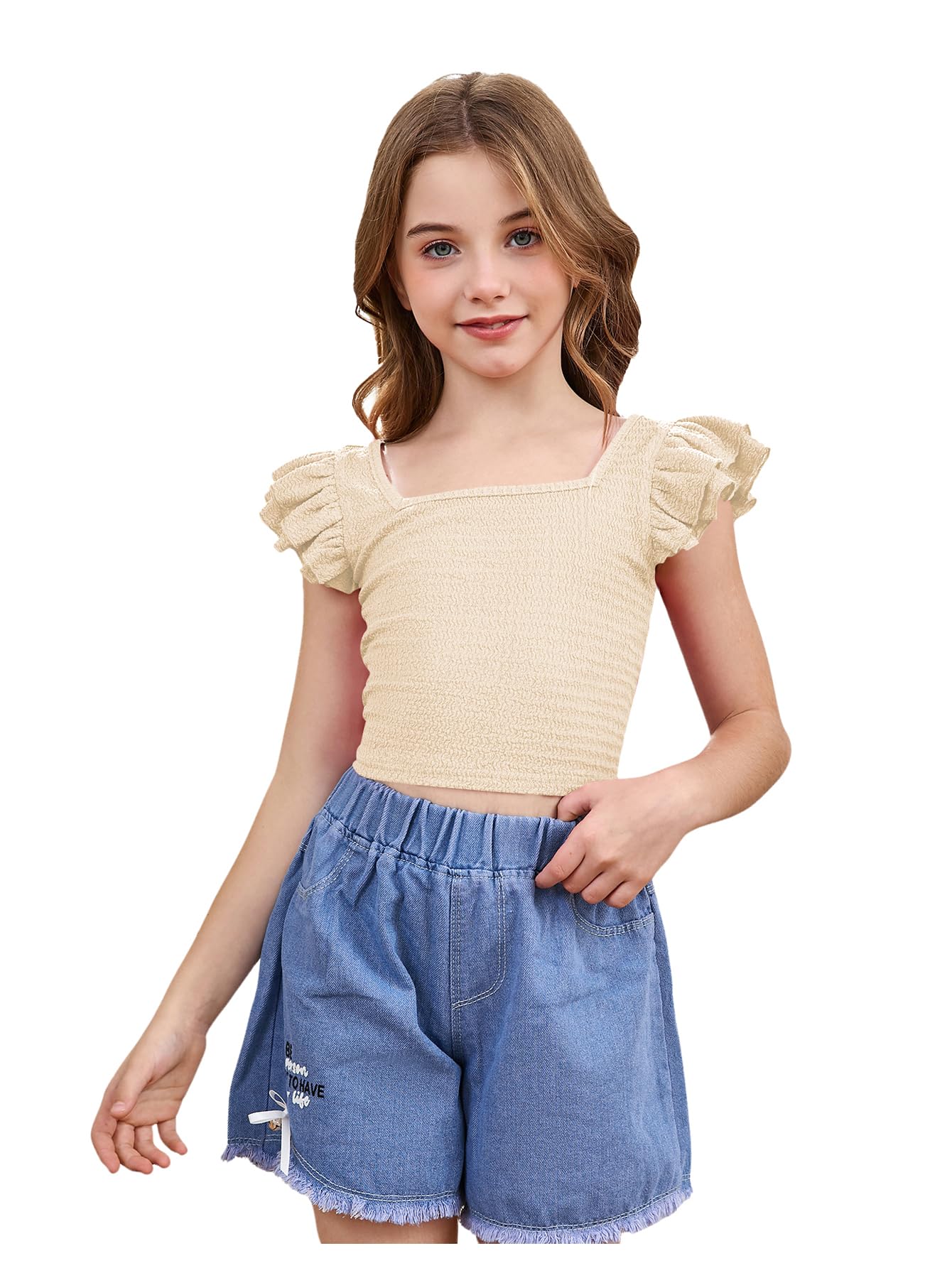 OYOANGLE Girl's Casual Solid Ruffle Trim Cap Sleeve Square Neck Cute Crop Tank Tops T-Shirts