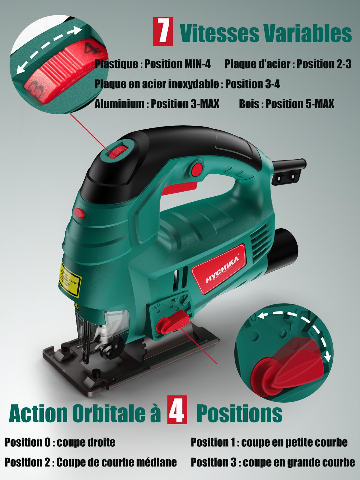 HYCHIKA Scie Sauteuse 800W, Avec Moteur en Cuivre Puissant, 800-3000SPM Tours par Minute Avec 7 Vitesses Variables, 0-3 Ensembles Orbitaux, 6 Lames de scie, Angle d'inclinaison ±45 °, Cordon 2 Mètres