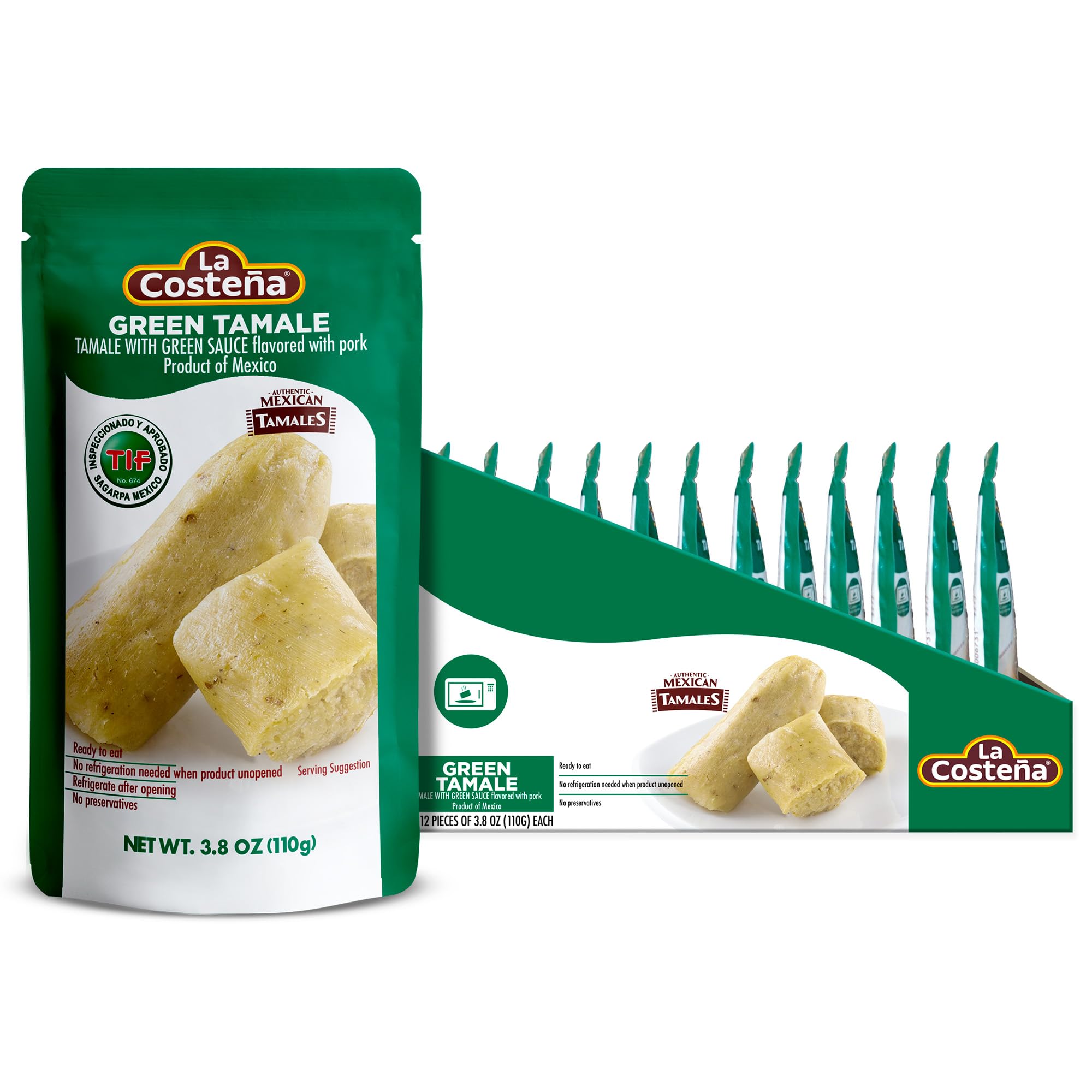 La Costeña Green Tamales - Made with Pork, Green Sauce & Masa Corn Meal - Microwavable Ready to Eat Meals No Refrigeration - Premade Easy Meals - Instant Lunch To Go - Mexican Food - 3.8 oz, 12 Pack