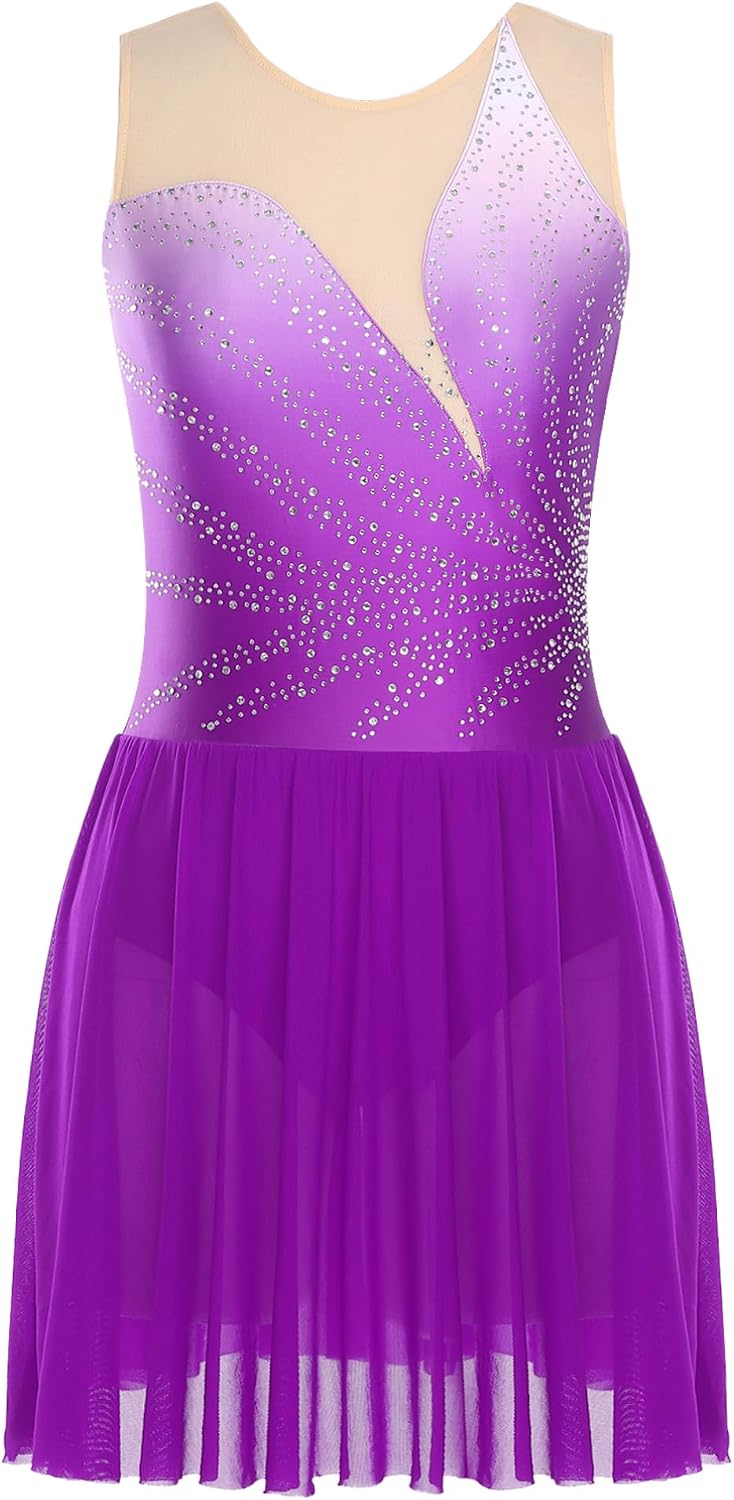 TiaoBug Women Sleeveless Figure Skating Dress Shiny Rhinestones Ice Skating Performance Costume