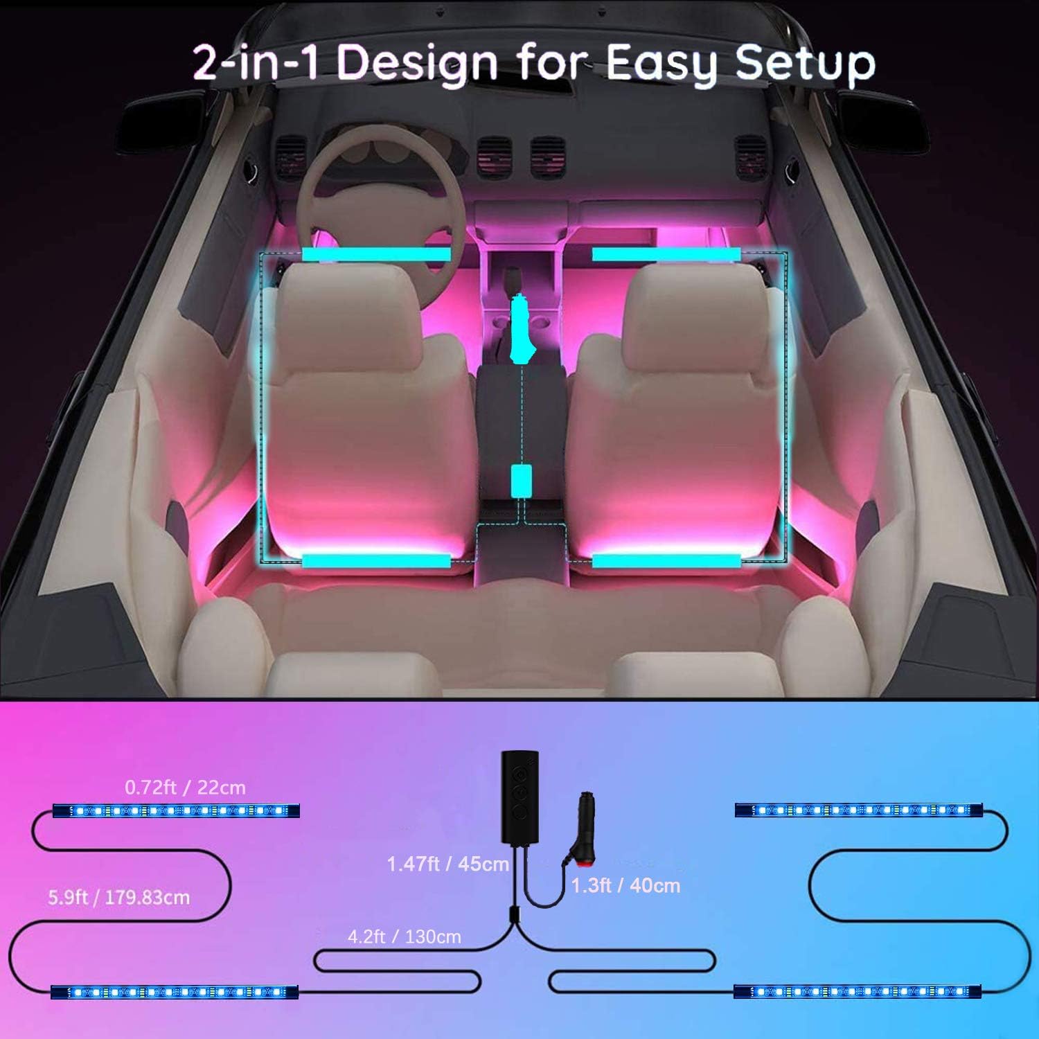2-in-1 RGB Interior Car Lights 4pcs 48 LED & RGB Car Underglow Lights with Wireless APP Remote Control, 16 Million Colors, Sync to Music, Ultra Long Led Neon Accent Under Glow Kit for Cars, SUVs, Truc : Automotive