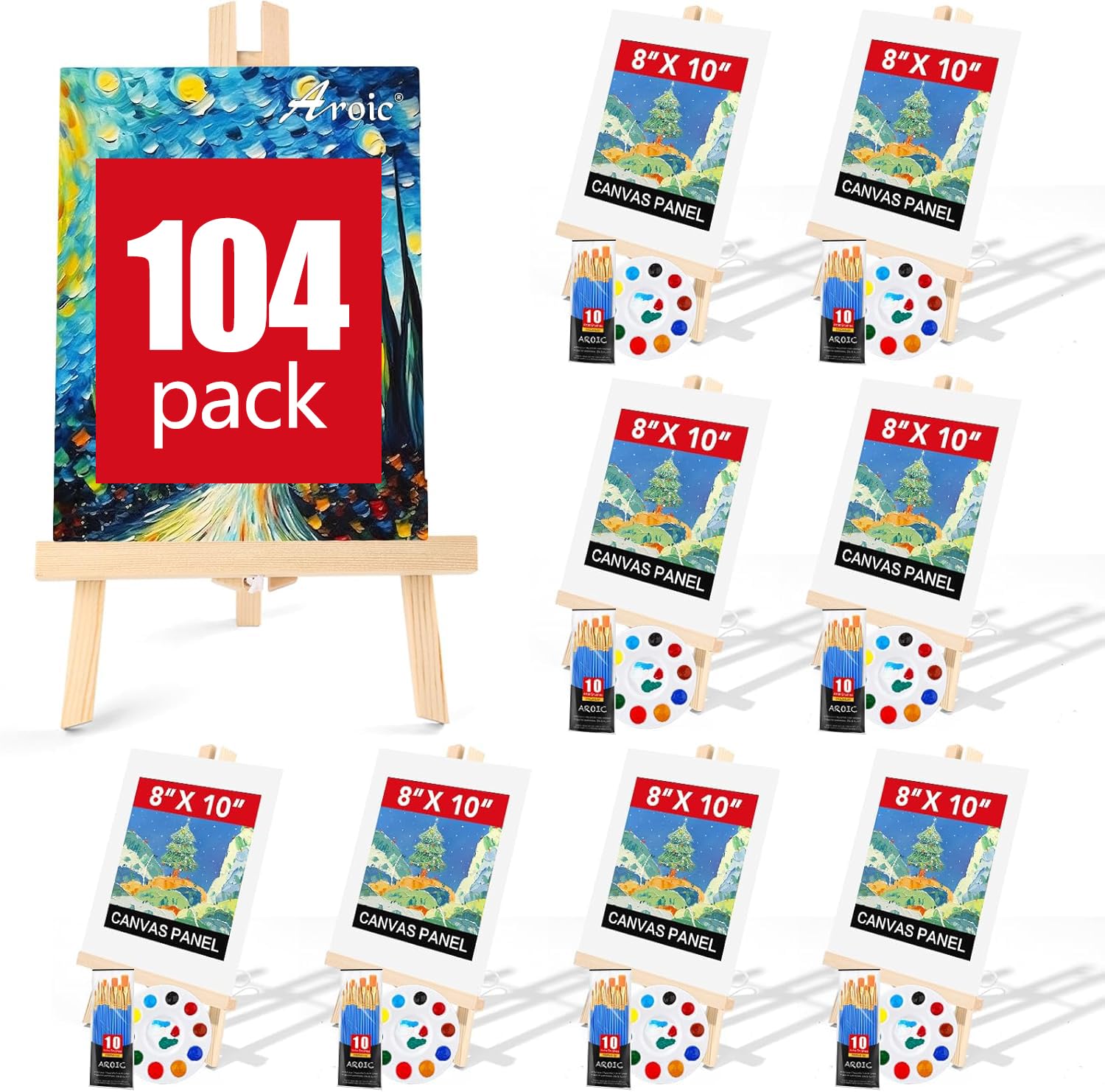 AROIC Set da 104 cavalletti e tela con 8 cavalletti in legno, 80 pennelli, 8 tele e 8 tavolozze, set da pittura, cavalletto da tavolo, cavalletto artistico, forniture per pittura per bambini e adulti