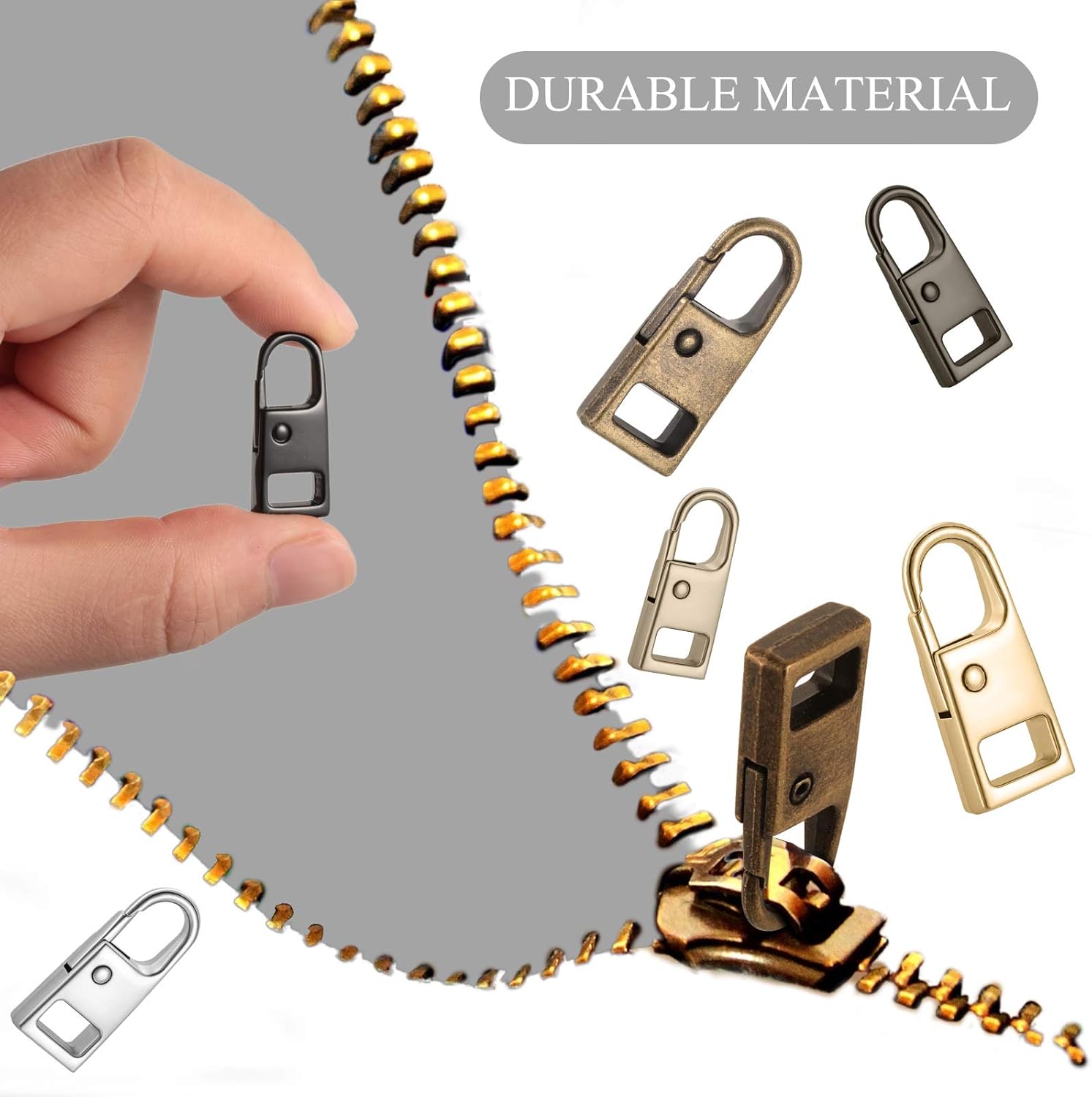 8 Pieces Zipper Pull Replacement Zipper Repair Kit Zipper Slider Pull Tab Metal Zipper Fixer Head for Luggage Backpack Jacket Suitcase Coat (Black, Silver, Gun-Black, Platinum, Light Gold, Bronze)