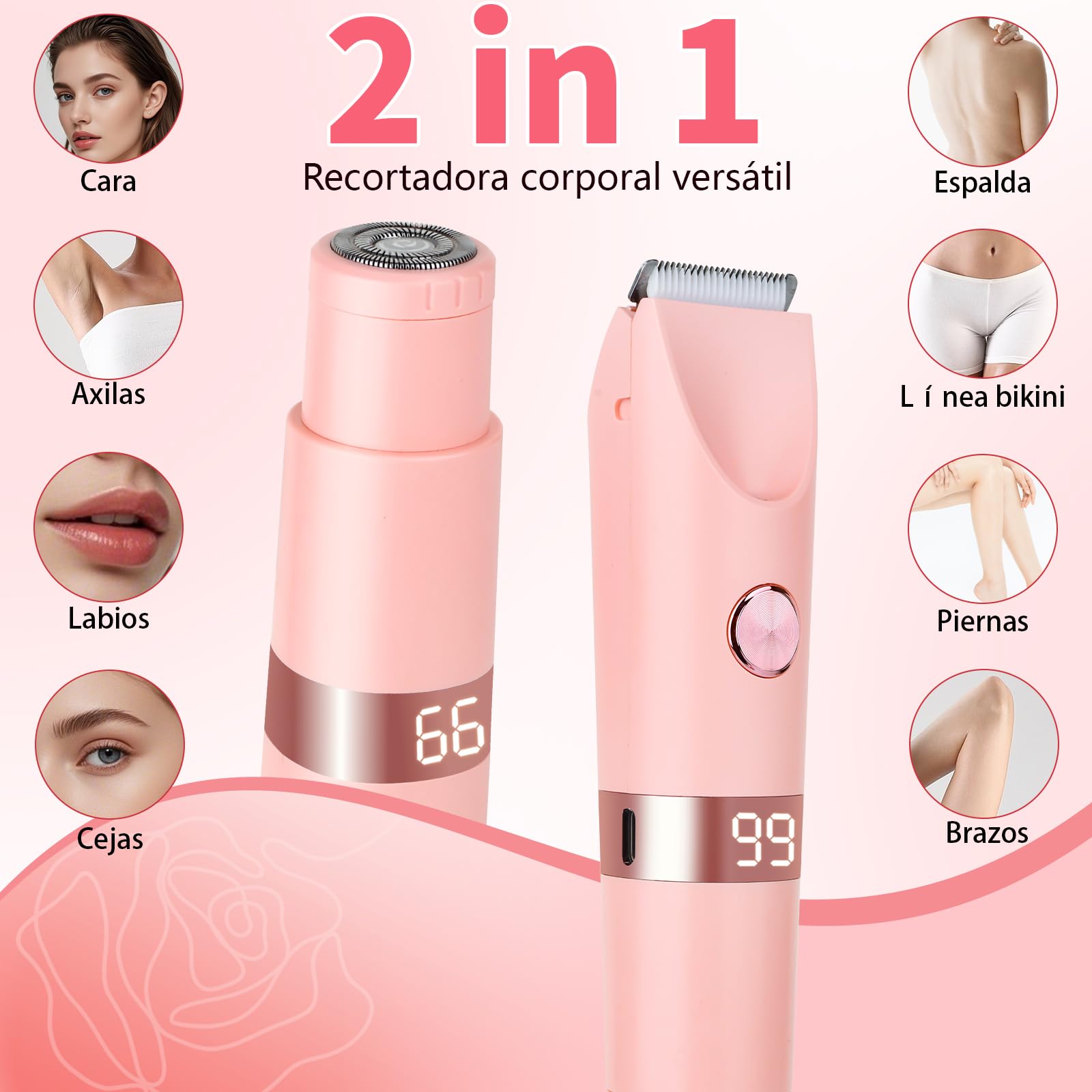 Afeitadora Eléctrica para Mujer y Hombre, Cortadora de Bikini con Pantalla LED, IPX7 Impermeable Uso Húmedo y Seco, 2 en 1 Recargable para Zona del Bikini, Rostro (Rose)