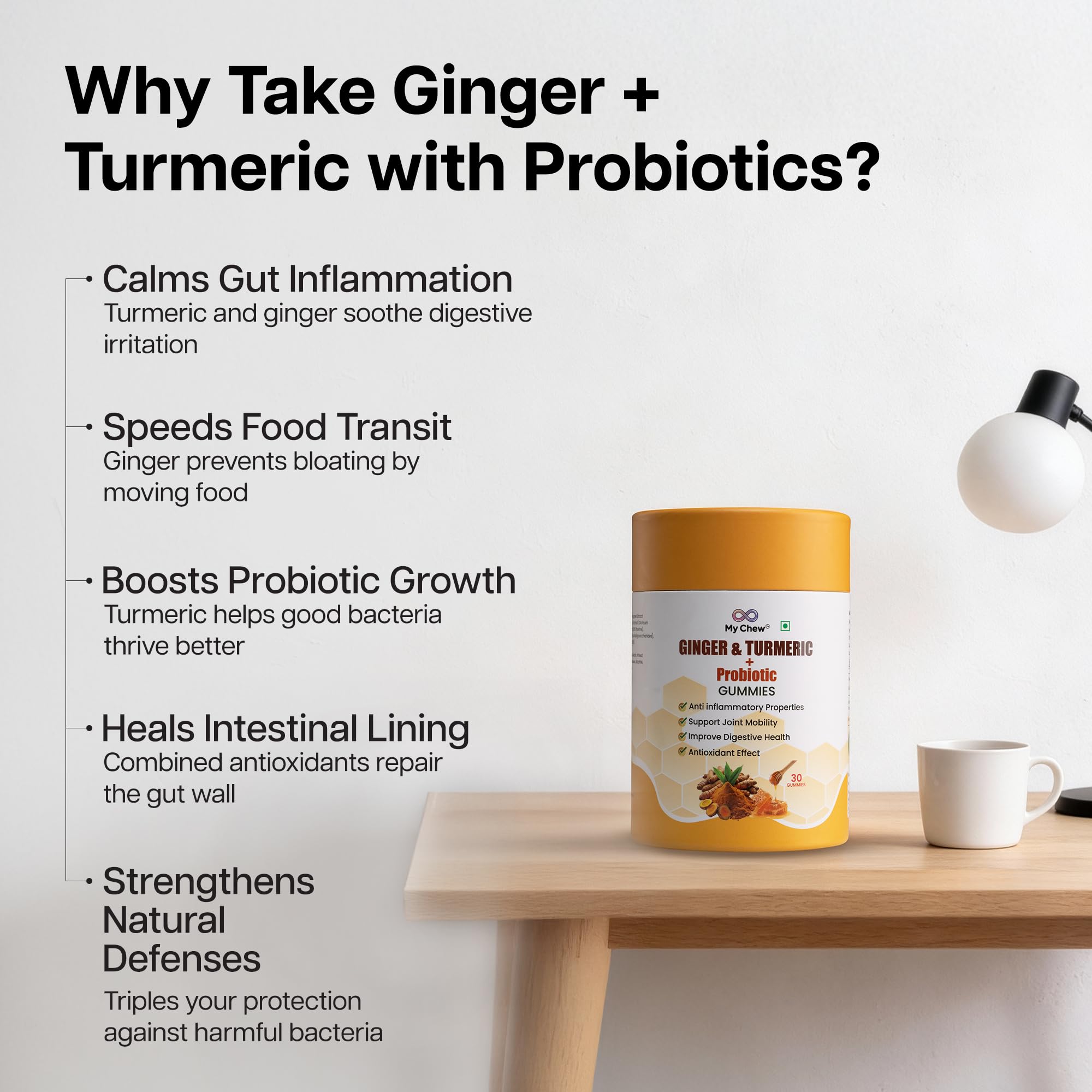 My Chew Probiotic Ginger & Turmeric Anti Inflammation Gummies, 1 Billion CFU Clinically Proven Immunity Booster With Ginger, Turmeric, Tulsi, Probiotic & Honey No Added Sugar, Gut Friendly, 30 Gummies — Amazon image 4