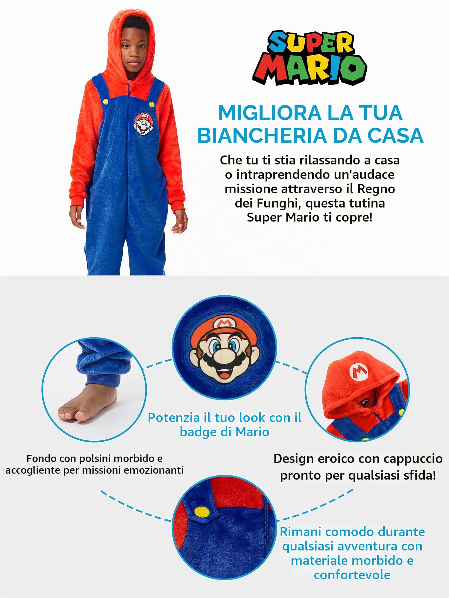 Super Mario Pigiama Intero Bambino | Onesie a Maniche Lunghe | Tuta Intera Pile Ragazzo