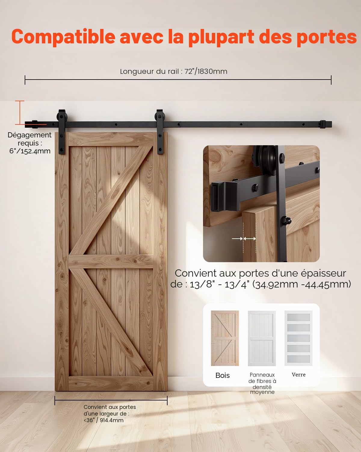 VEVOR Kit Quincaillerie de Porte Grange Coulissante Simple, 183 cm, Rail Durable et Rouleau J, Charge 150 kg, pour Portes 914,4 mm de Largeur 34,92-44,45 mm d'Épaisseur, Noir, Portes Non Incluses