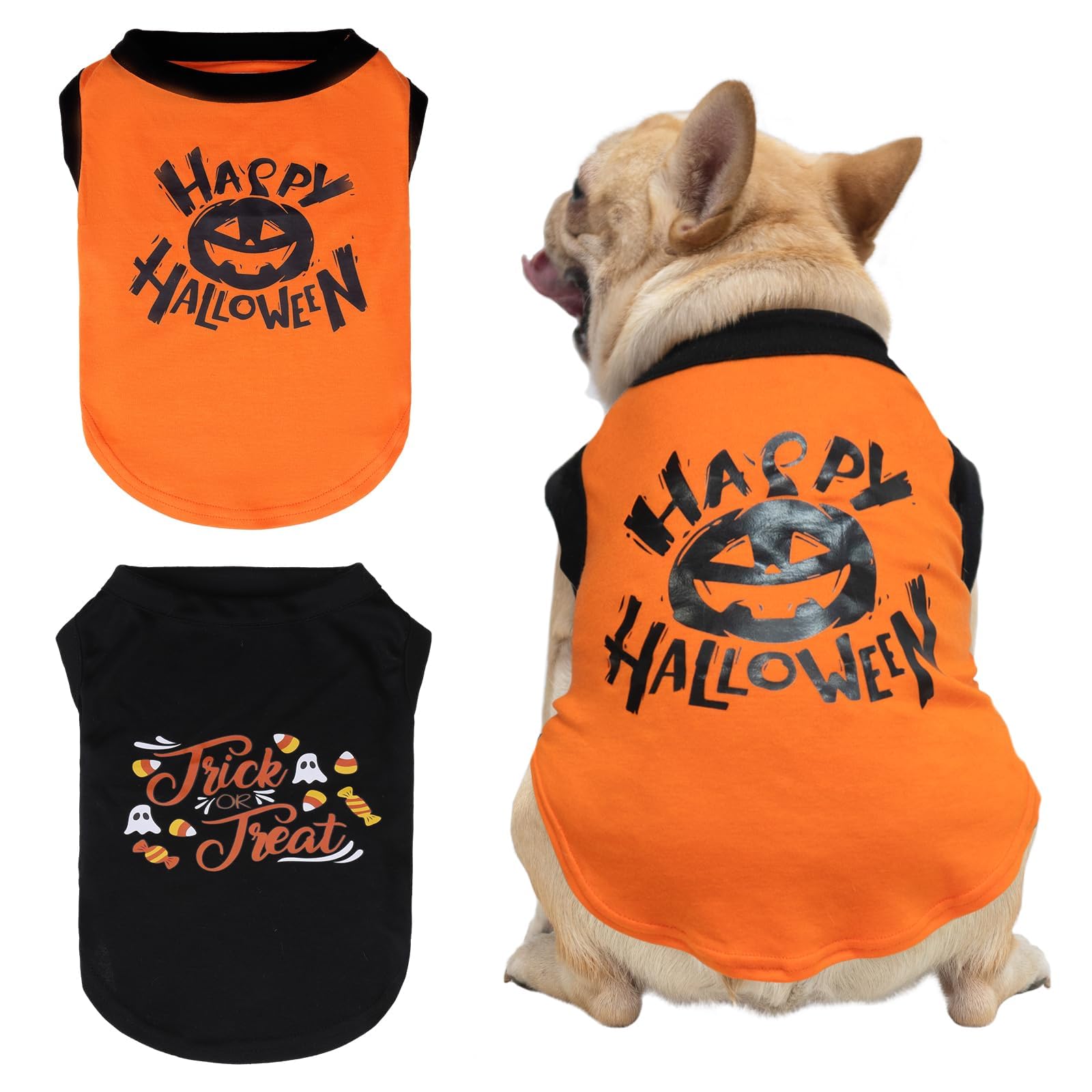 KOOLTAIL Halloween Dog Shirts Clothes-2 Pack Dog Sleeveless Vest with Cute Printing, Soft Stretchy Breathable Cotton Pet T Shirt Apparel for Extra Small Medium Girl&Boy Dogs Puppy Cat Orange & Black S