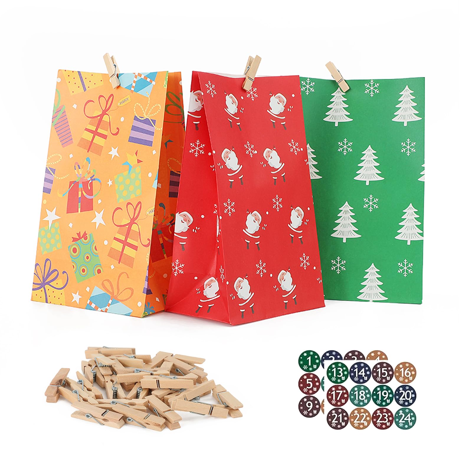 Adventskalender zum Befüllen, 24 Adventskalender Tüten 2026 | 24 DIY Adventskalender zum Befüllen mit Aufkleber Weihnachtskalender zum Befüllen mit Aufkleber und Holzklemme für Erwachsene
