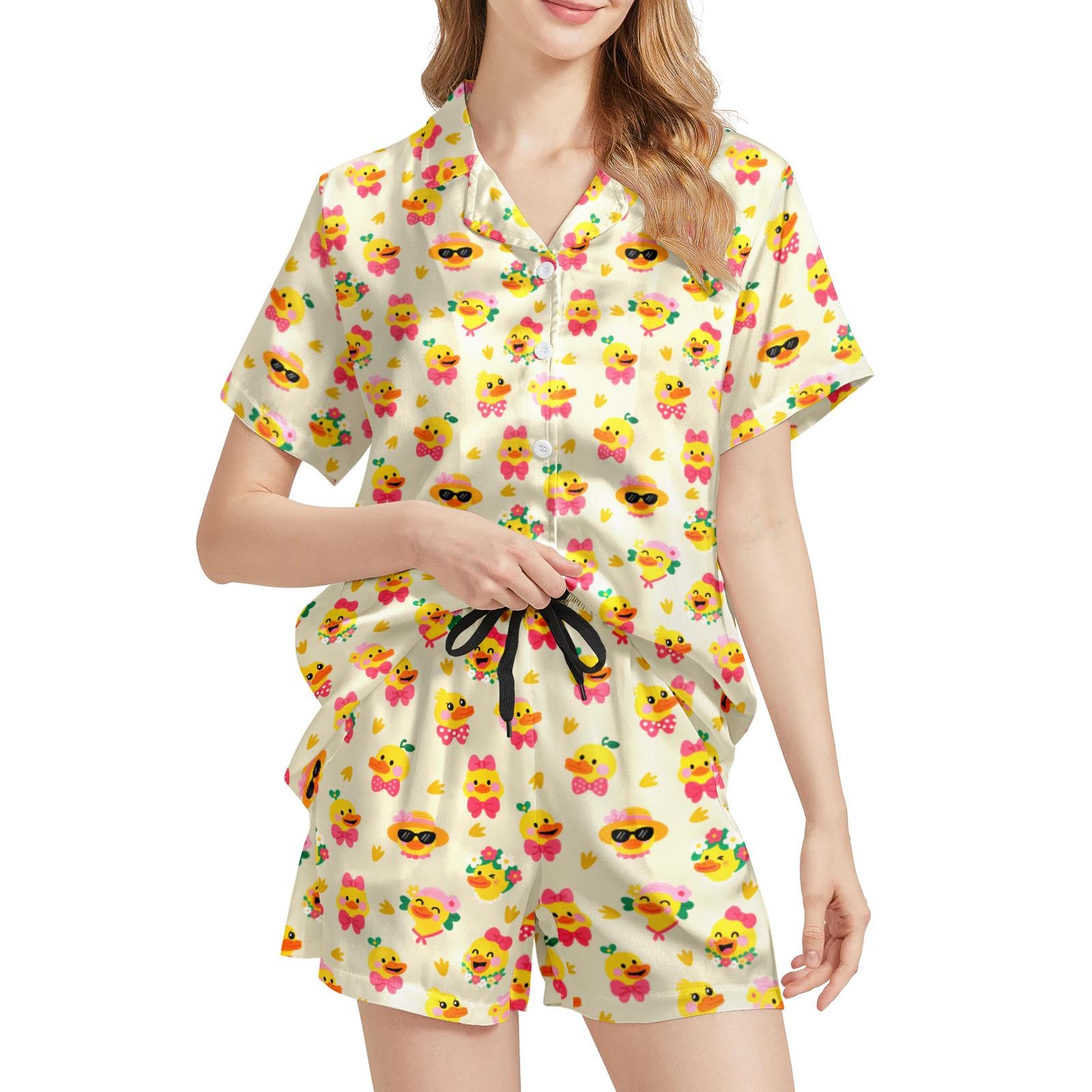 Funny Pajamas for Women Set Print Satin Loungewear Pjs Short Sleeve Button Down Top and Shorts Sets Sleepwear XS-3XL