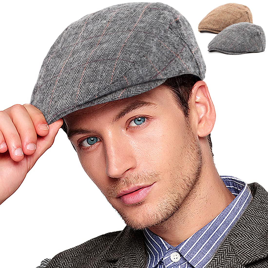 2-Pack Adjustable Newsboy Hats for Men Flat Cap Irish Wool Blend Tweed