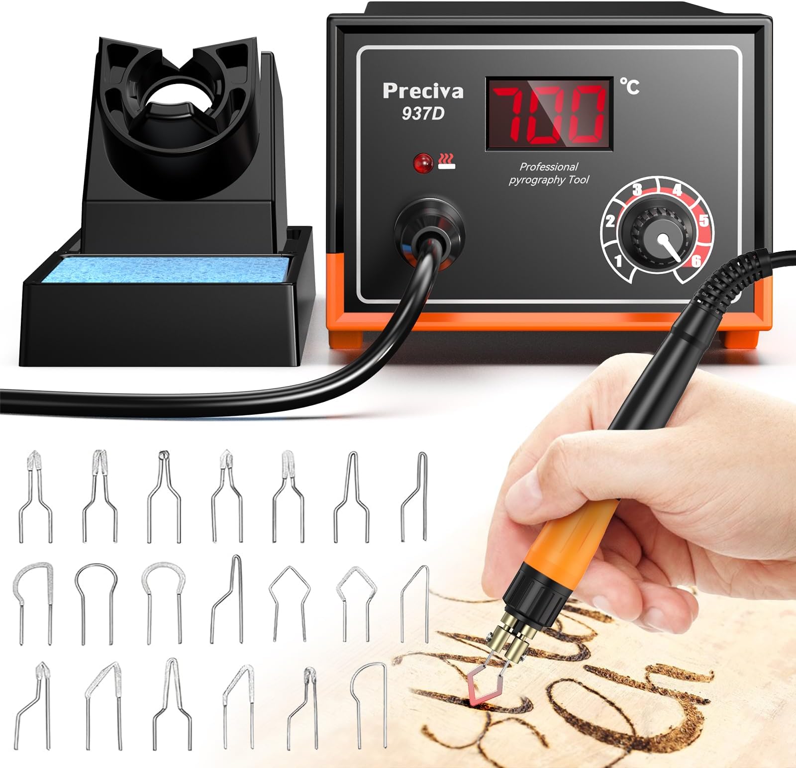 Wood Burning Kit, Preciva 937D Pyrography WoodBurning Toolset with Digital Display, 25W DIY Engraver with 20 Soldering Tips, 250-700โ Temperature Adjustable, Fast Heating for Craving Craft