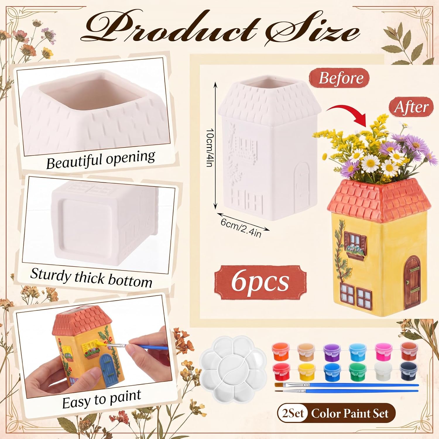 6 Pcs Ceramic House Vases Back to School Painting Kit Bisque Ready to Paint