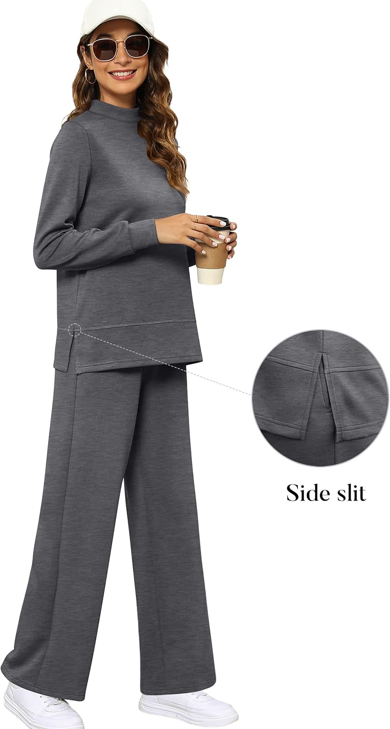 XIEERDUO Women's Side Slit Lounge Sets 2 Piece Outfits Mock Neck Tracksuit Fashion Sweatsuit Wide Leg Loungewear S-3XL - Image 2