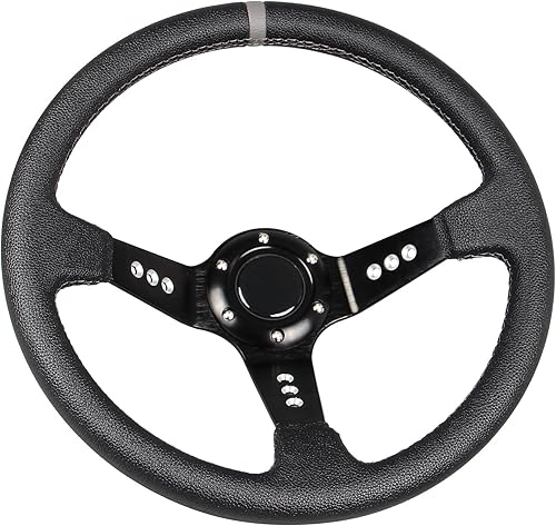Miniatura 9 de Volante de carreras de rayas amarillas Cuero de gamuza 12.5 "12.598 in Radios de aluminio Drifting Deep Dish Volante deportivo con botón de cuerno