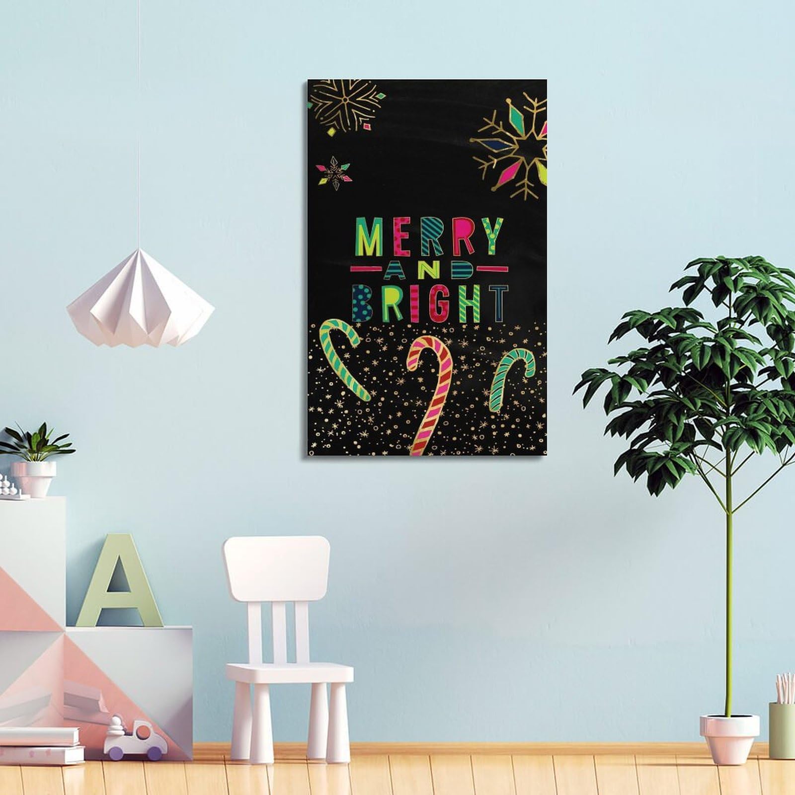 Plakat bożonarodzeniowy kolorowe litery wesołe i jasne z laską cukrową płatki śniegu plakat dekoracyjny obraz płótno plakaty ścienne i artystyczny obraz druk nowoczesna rodzina sypialnia dekoracje