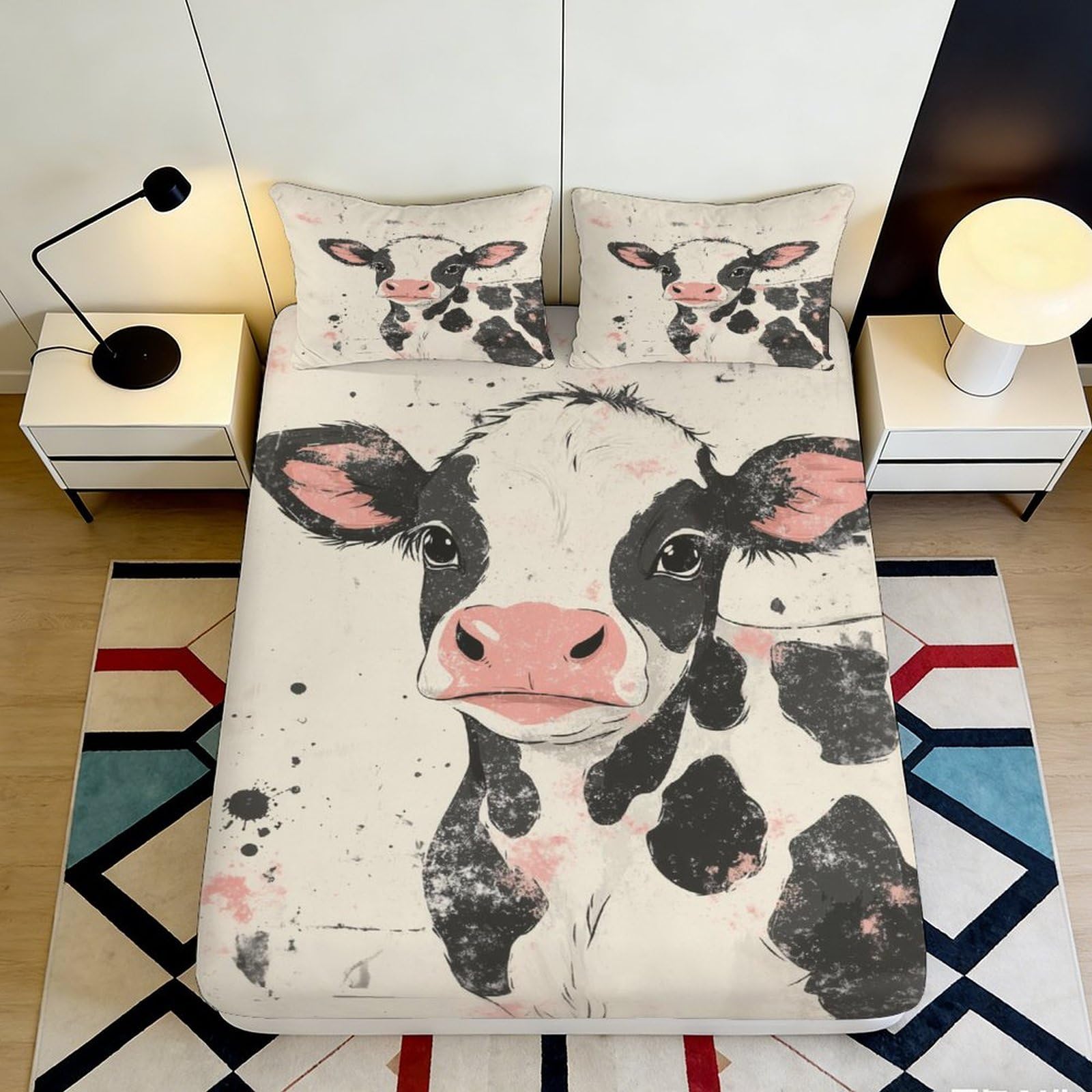 3D Printed Cute Cow Fitted Sheet Microfiber Animal Cartoon Black White Bed Sheet for Bedroom Guestroom Home Decor 90x200x25cm