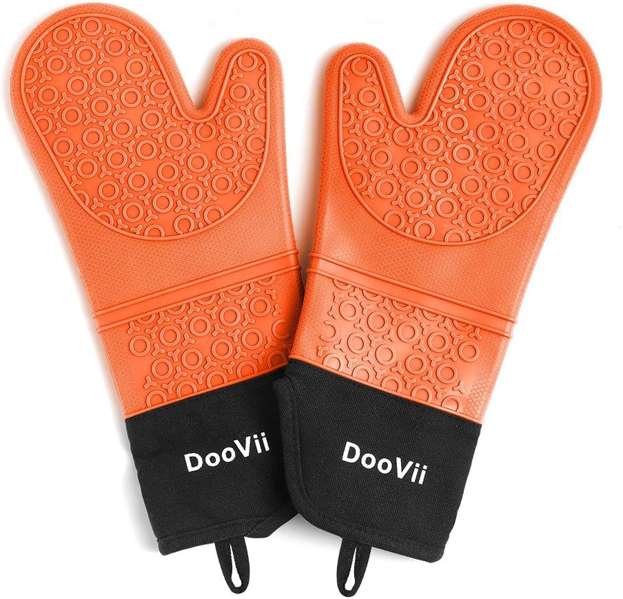 DooVii Silicone Oven Mitts (Orange),1 Pair of Extra Long Oven Gloves with Quilted Liner,Heat Resistant Waterproof Kitchen Gloves,Professional Food Safe Pot Holder for Cooking BBQ Baking and More