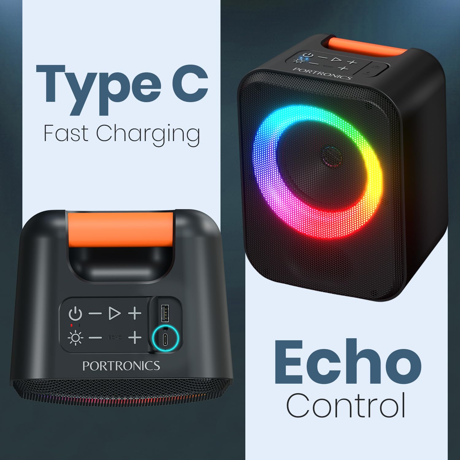 Speaker showing Type-C charging port and echo control