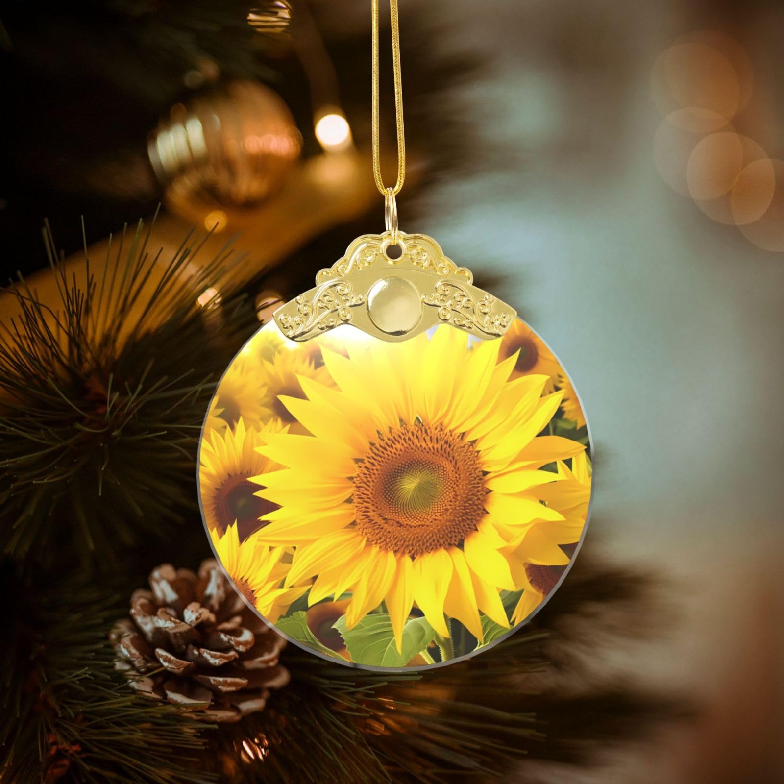 Crystal Christmas Ornaments for Christmas Tree Decoration Hanging Sunflowers Ornament with Gold Ribbon Crafts Round Pendant for Keepsake Gifts Glass Xmas Decor Party Supplies
