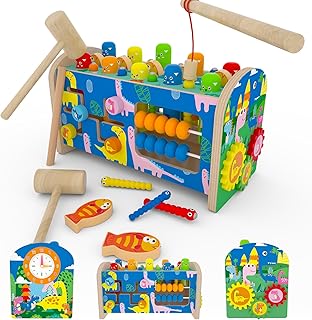 SILERUR 8 in 1 Wooden Montessori Toys for 1 2 3 4 Year Old Boys Girls Whack a Mole Game Hammering and Pounding Toys with Xylophone Fishing Game Toddlers Educational Developmental Learning Toys Gifts