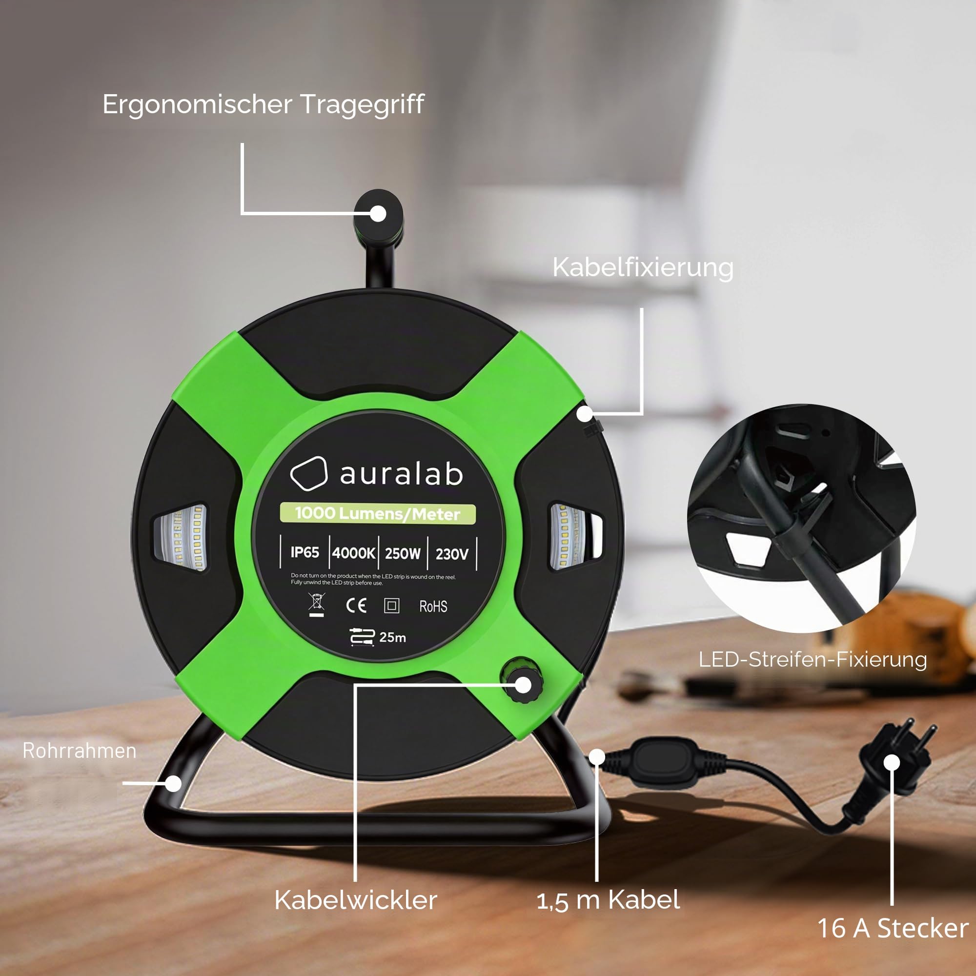 auralab AC LED Kabeltrommel 25m, 25.000 Lumen Superhell 4000K, IP65 Temporäre LED Streifen Baustellenbeleuchtung, Koppelbar bis zu 100m, LED Streifen mit Trommel mit 10 S-Haken & 10 Riemen