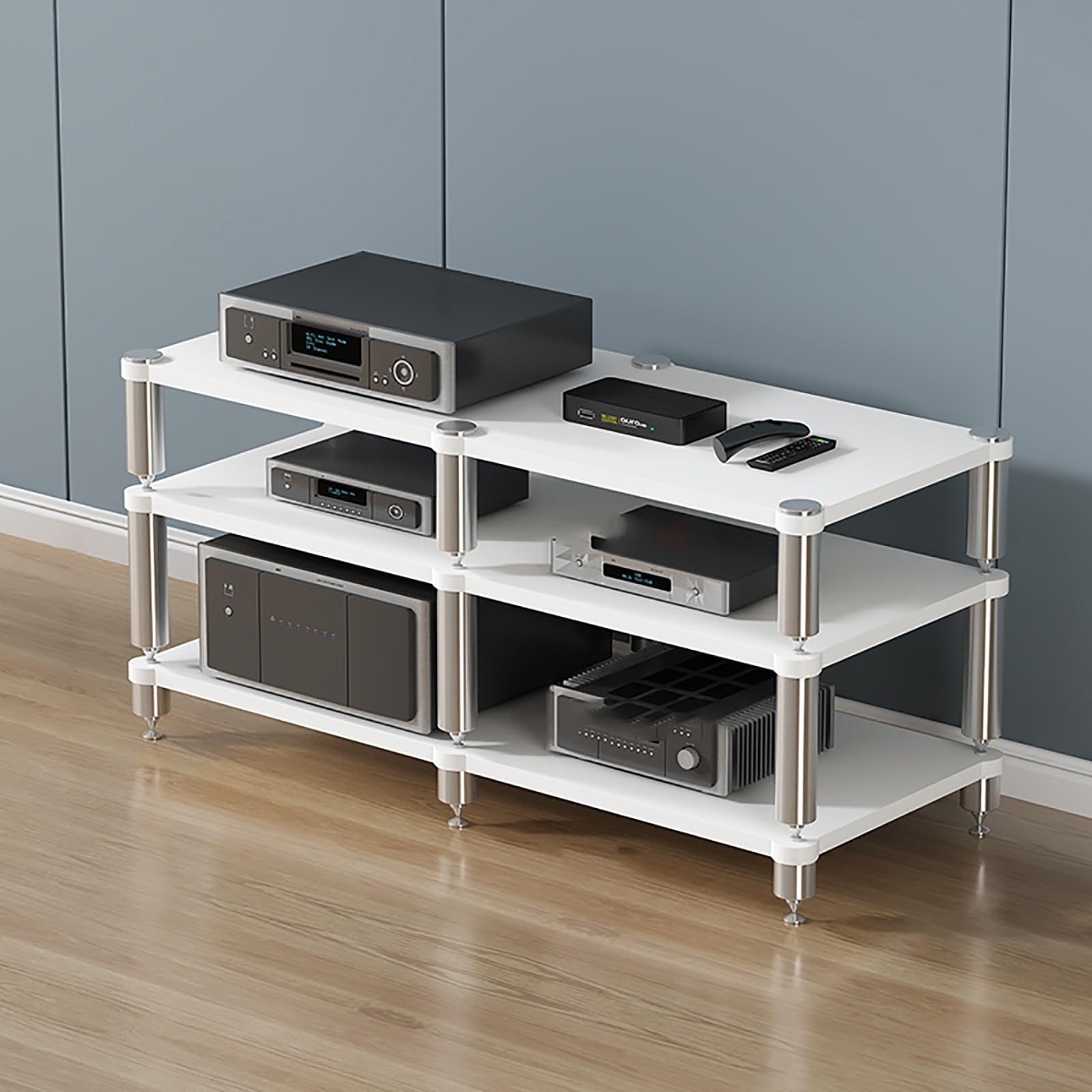 Scaffale da gioco, supporto multimediale portatile e torre rack audio per proiettore, lettore DVD, console di gioco, scatola cavi – elegante soluzione di archiviazione multimediale AV (bianco)