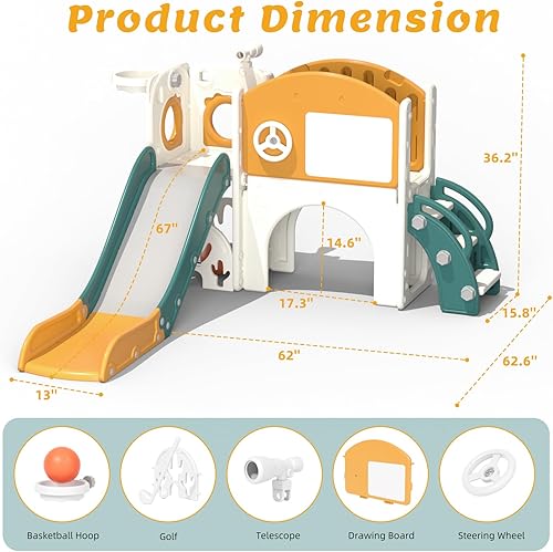 Miniatura 8 de 67i Tobogán infantil para interiores con tabla de dibujo, juego de golf, aro de baloncesto, parque infantil para niños de 1 a 3 años, pasos