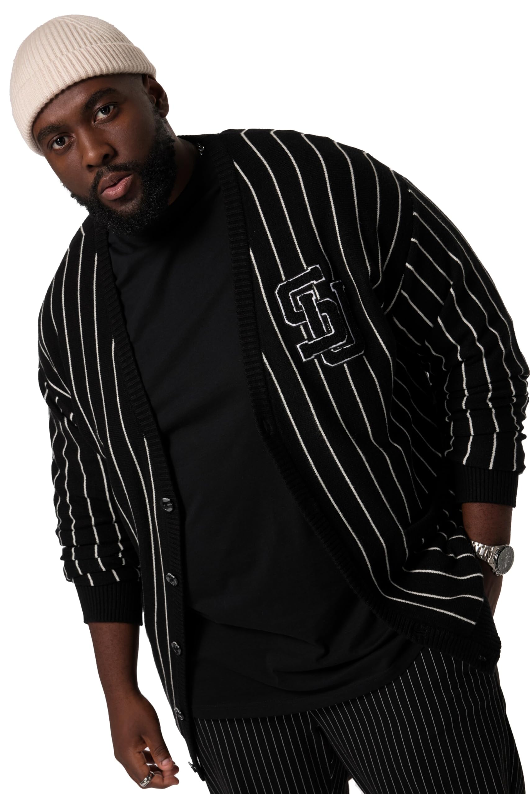 STHUGE Strickjacke, Nadelstreifen, V-Auschnitt, Badge 831893