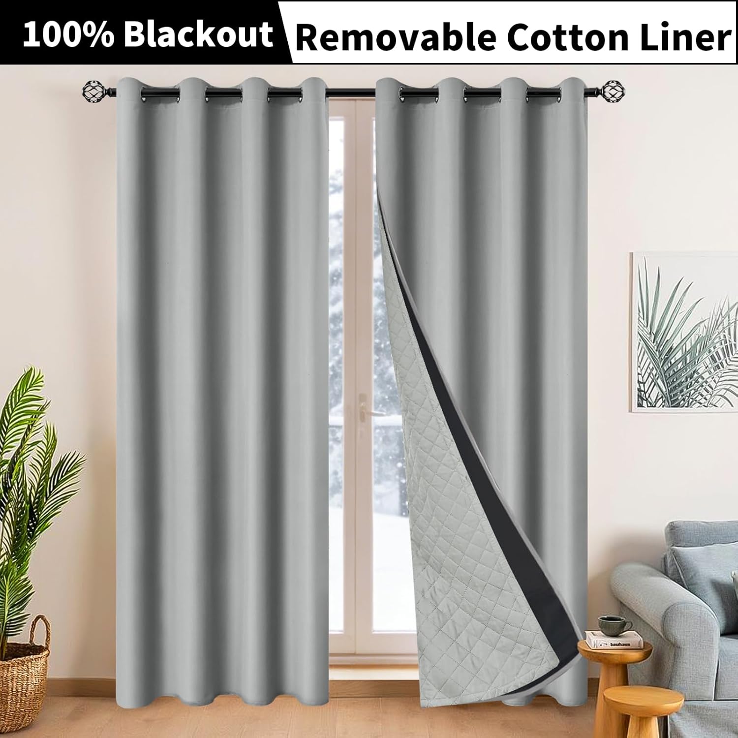Blackout Curtains, Thermal Insulated 3 Layers Quilted for Bedroom Living Room, 100% Room Darkening Blackout Curtains 1 Panel, Grey, 52"x84"