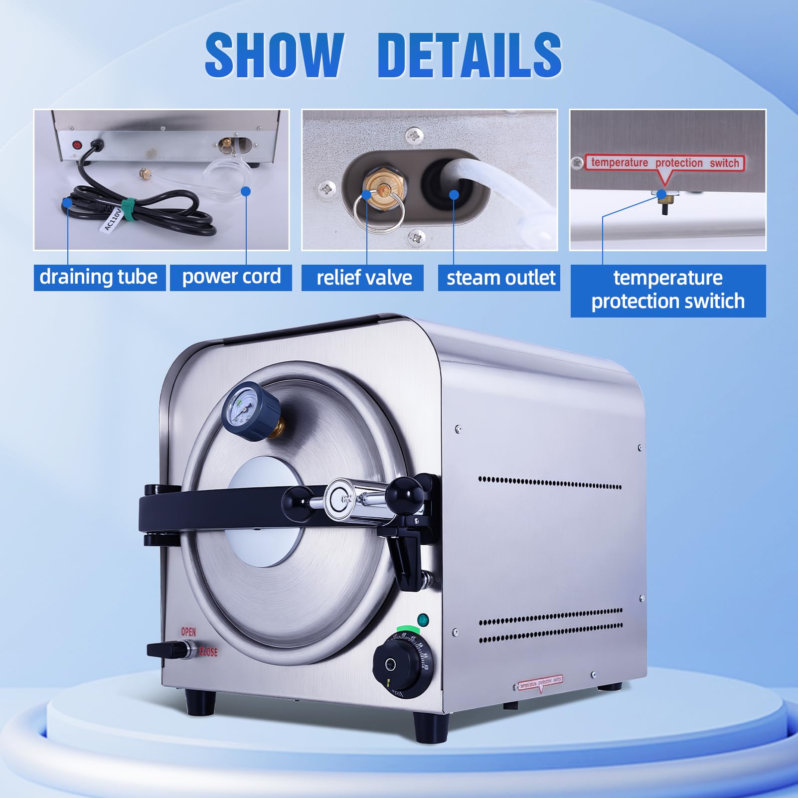 Esterilizador de vapor de autoclave de 14 litros, equipo de esterilización de laboratorio, autoclave de vapor de alta presión 900 W con manguera de drenaje y 3 bandejas