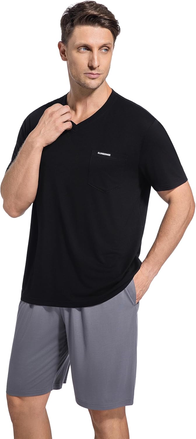 SlumberMee Mens Pajama Set Soft Cooling Viscose Summer Pjs Short Sleeve Sleepwear 2 Piece Crew Neck Loungewear with Pockets - Image 5