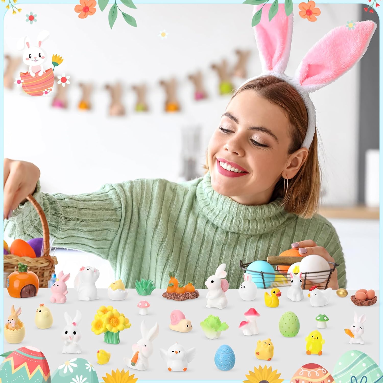 45 Pcs Easter Mini Resin Figurines, Miniature Sculptures Small Farm Bunny Chick Fairy Garden Decor for Egg Stuffers Gift Fairy Garden Cake Topper Decor