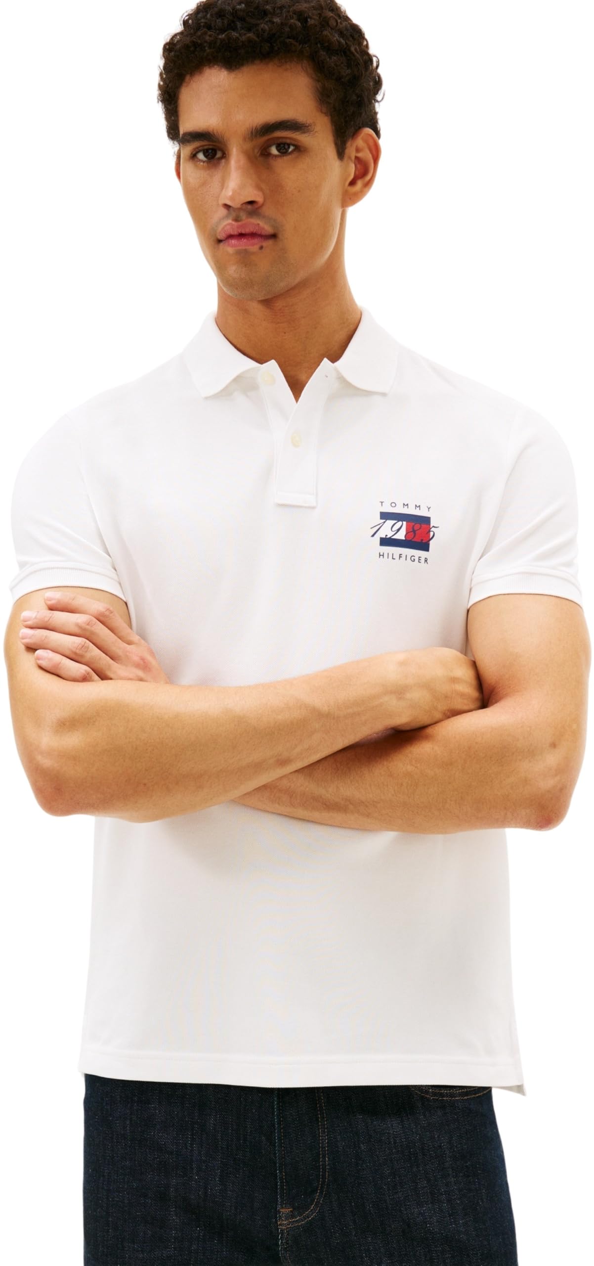 Tommy Hilfiger Men’s Short Sleeve Flag Graphic Pique Regular Fit Polo Shirt, White (Ecru), S