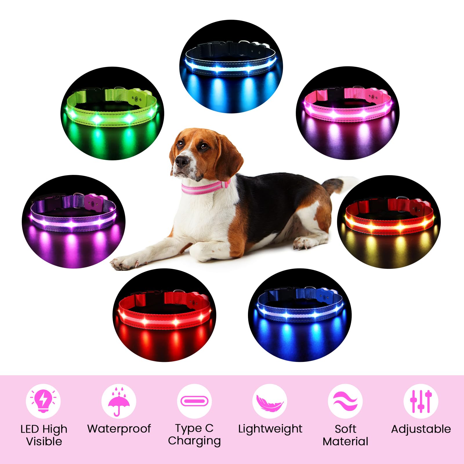 Collare Luminoso per Cani, Collare di Cane LED Ricaricabile e Impermeabile, 7 Colori RGB Cambiano 8 Modalità di Illuminazione Regolabile Adatto per Cani di Taglia Piccola Media Grande(Rosa S)