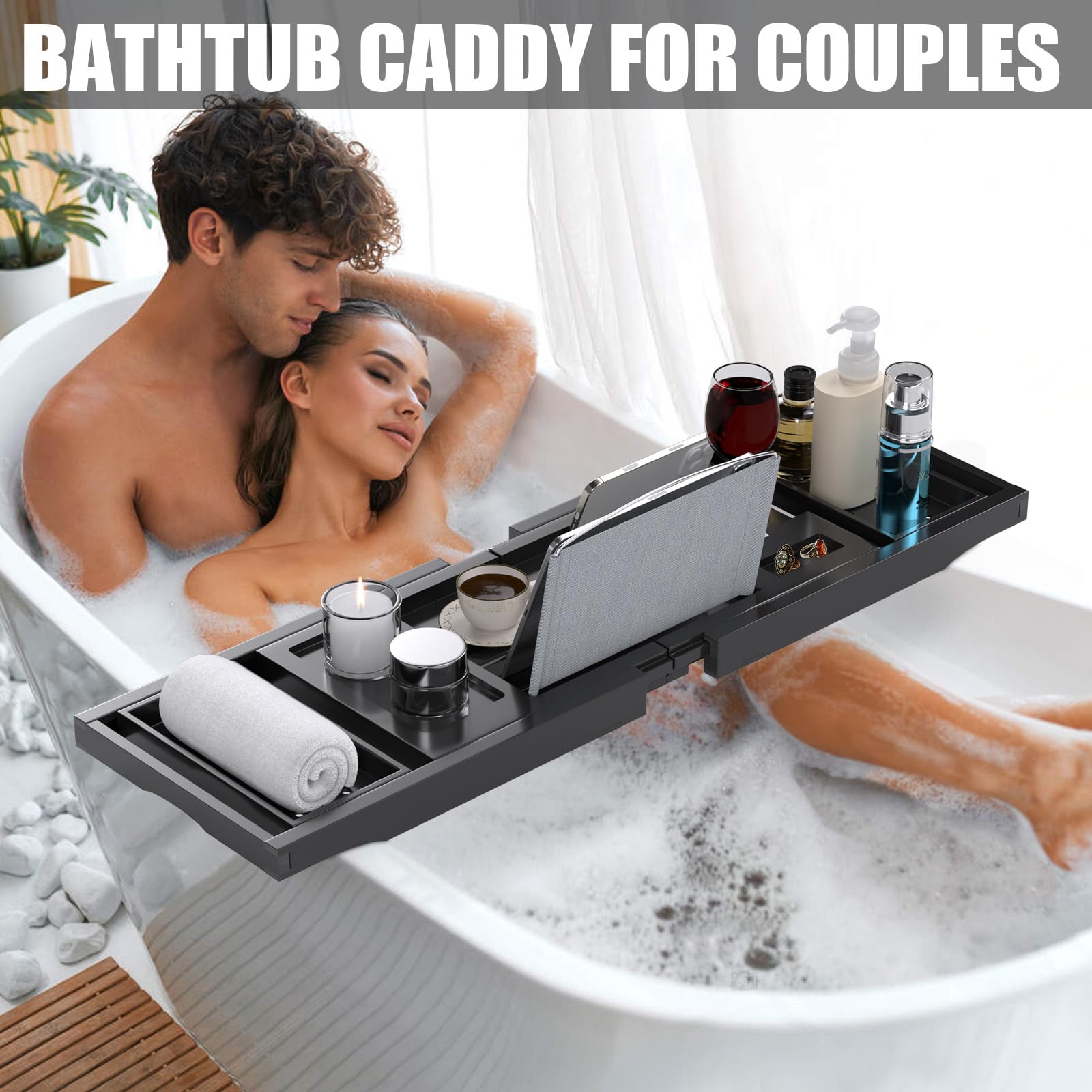 Bandeja de bañera, bandejas de baño expandibles para bañera, estante de bambú y mesa con soporte para copas de vino, accesorios de baño para el nuevo hogar, día de la madre y regalos de cumpleaños