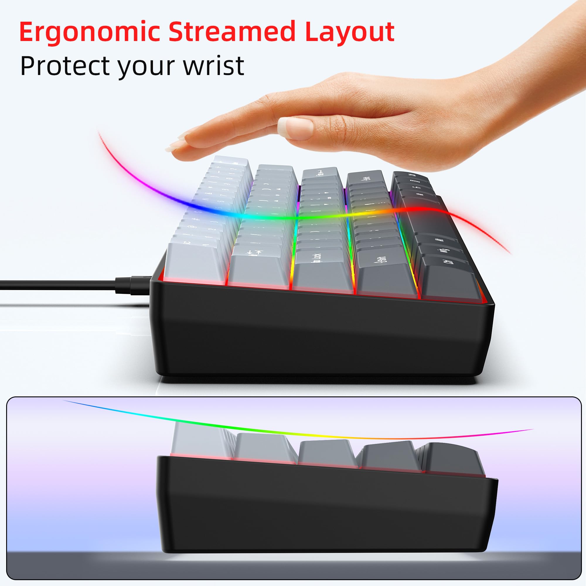 Snpurdiri 60% Wired Gaming Keyboard, 61 Keys RGB (Grey-Black) view 5