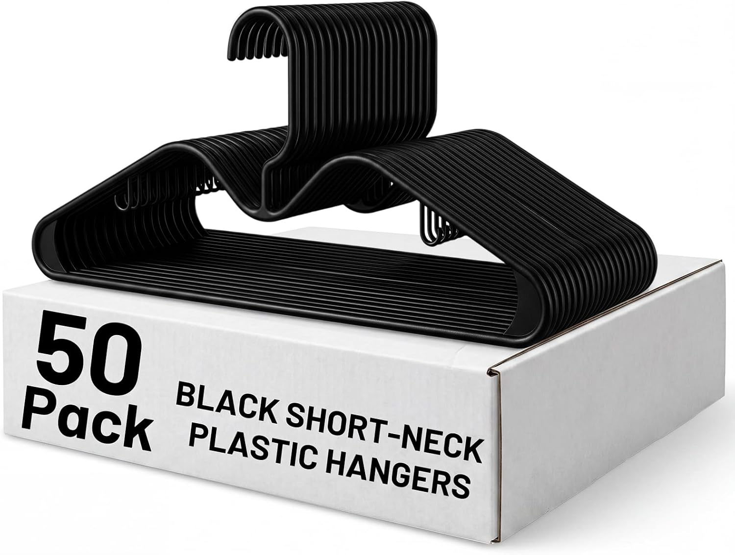 50 Pack Short Neck Hangers, Plastic Hangers with Side Hooks Space Saving Lifts Clothes 2.3" Higher, 0.2" Slim, Durable Sturdy, Closet Organizers Bulk for Shirts, Coats, Skirts, Dresses