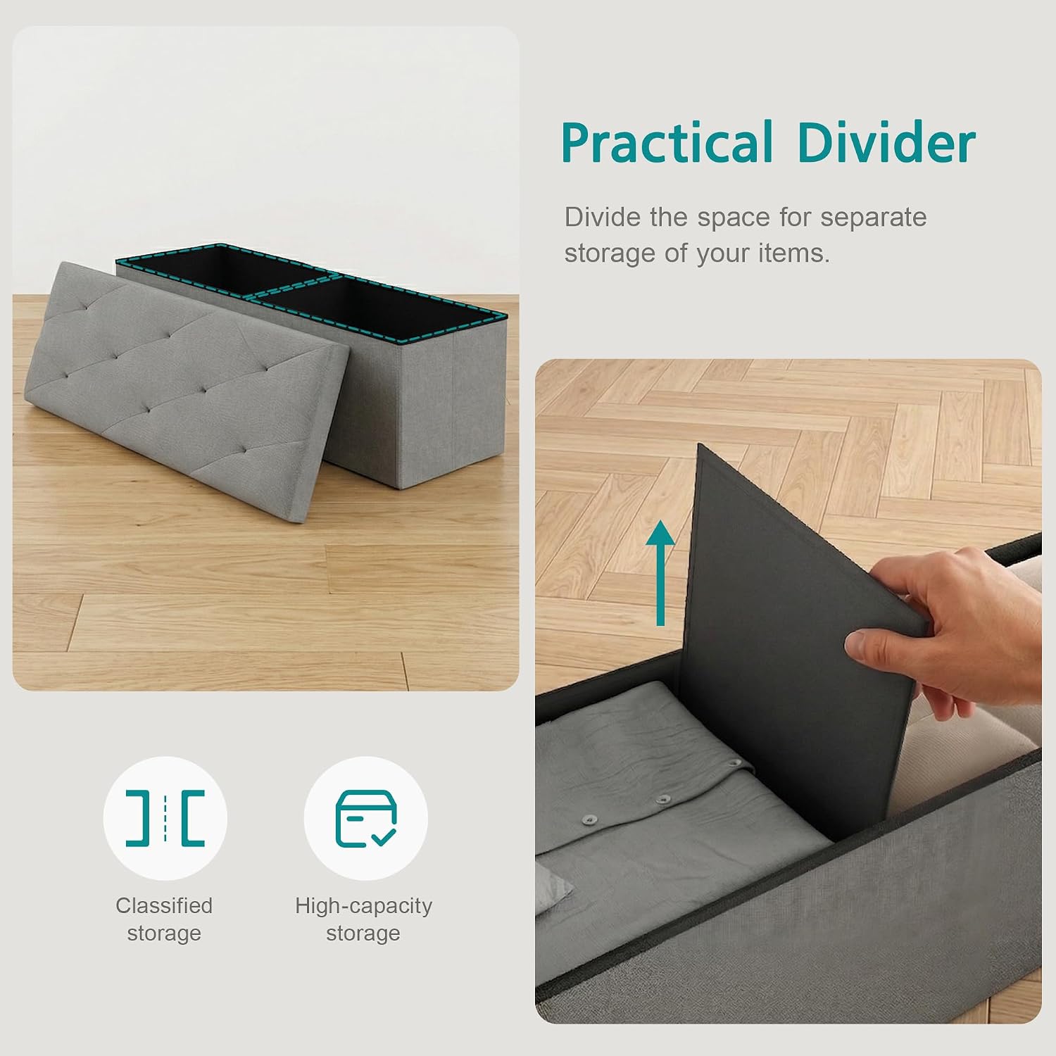 VECELO 43'' Folding Storage Ottoman Bench, Storage Chest, Linen Fabric Foot Rest Stool, 158L Storage Footstools for Bedroom and Living Room, Holds up to 660 lbs, Grey
