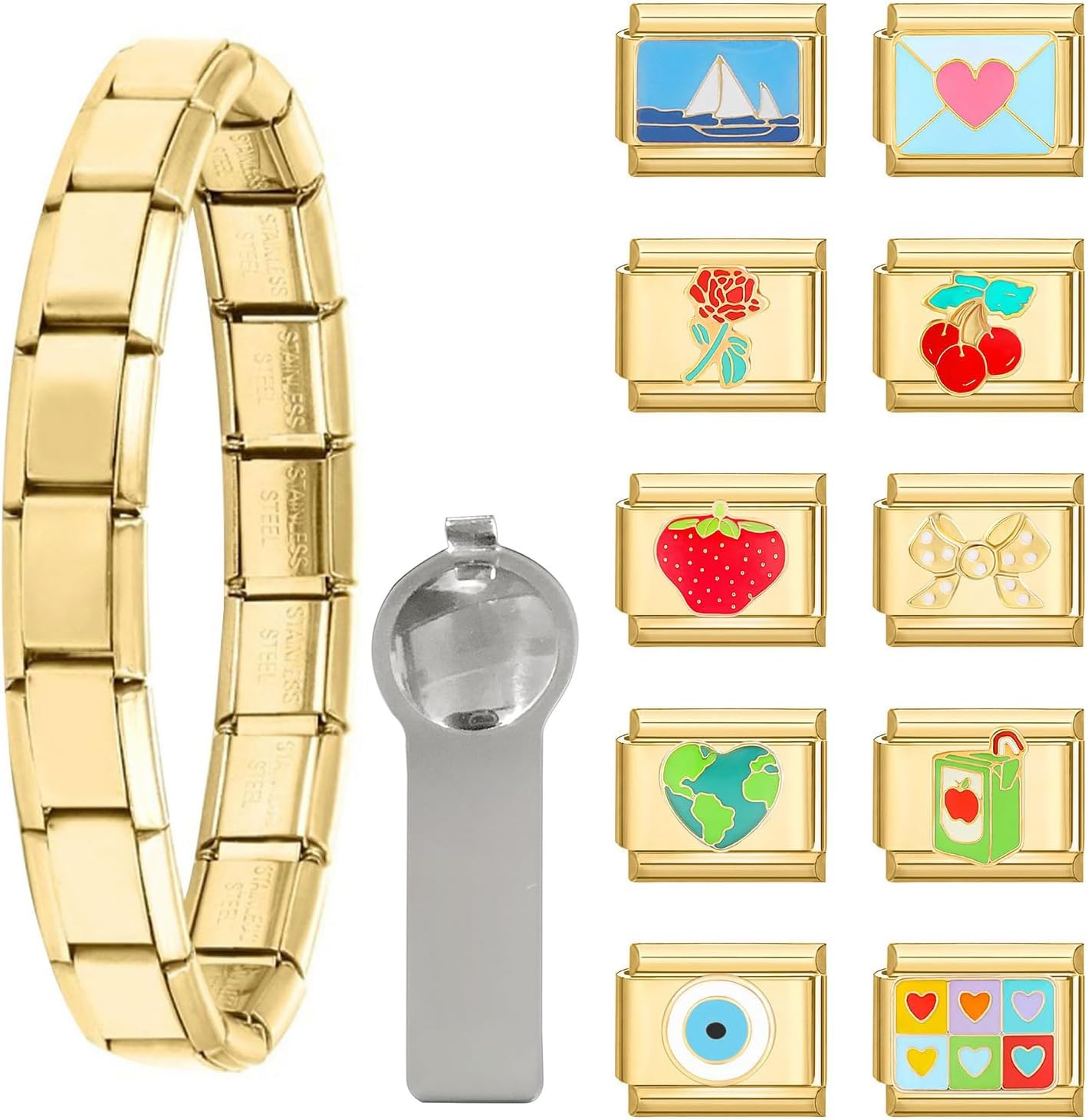 Italian Charm Bracelet Gold Silver Set with Starter Brascelet, Assorted Charms and Opening Tools, 9mm Modular Italian Charm Bracelet Links Handmade DIY Jewelry Gifts