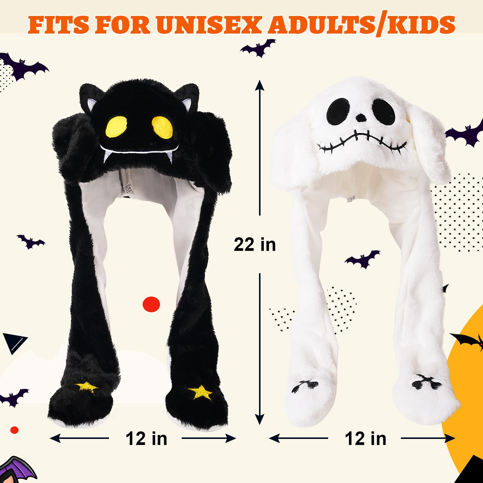 YC JILAI 2 Pack Ear Moving Jumping Hat Funny Plush Bat Ghost Hat Cosplay Costume Accessories Earflaps Movable Ears Hat for Christmas Halloween Party Unisex?2 Style White Black?
