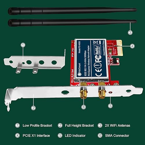 Miniatura 7 de Adaptador de red inalámbrico N 2.4GHz 300Mbps PCIE para Windows 11, 10, 8.1, 8, 7, XP (3264bit), Windows Server y Linux PCs, tarjeta WiFi PCIE,