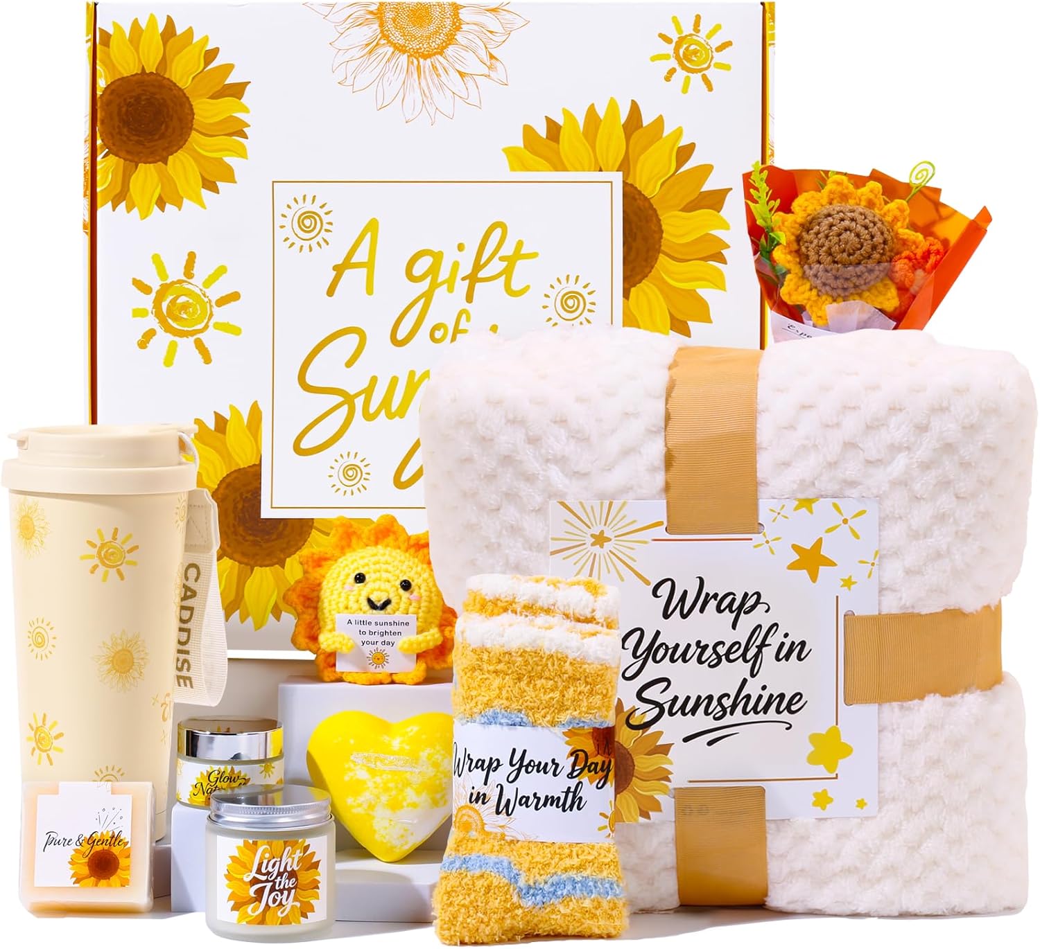 Sunflower Gift Box for Women, Sunshine Birthday Gifts, Luxury Self Care Package, 9-in-1 Gift Baskets with Blanket, Tumbler, Candle, Bath Bomb, Plush & More, Get Well Soon, Valentine Day Gifts