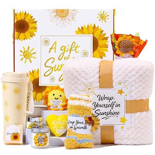 Caixa de presente de girassol para mulheres, presentes de aniversário Sunshine, pacote de autocuidado de luxo, cestas de presente 9 em 1 com cobertor, copo, vela, bomba de banho, pelúcia e muito mais