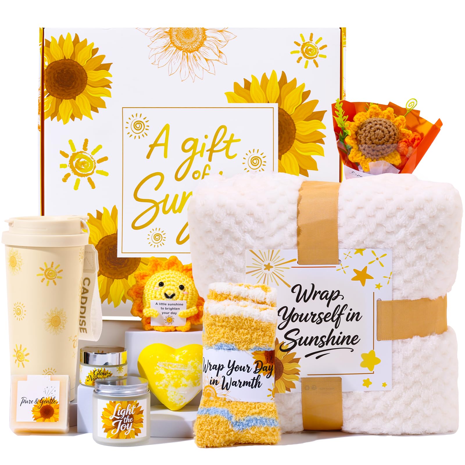Sunflower Gift Box for Women, Sunshine Birthday Gifts, Luxury Self Care Package, 9-in-1 Gift Baskets with Blanket, Tumbler, Candle, Bath Bomb, Plush &