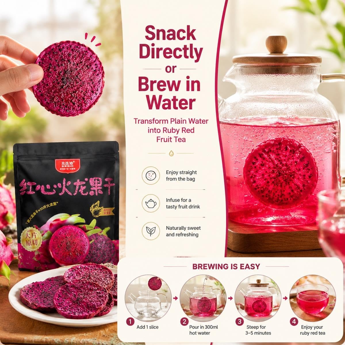 Pitahaya Roja Deshidratada, Fruta Del Dragón, Corte Grueso, 250g